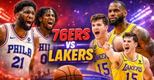 76ers vs Lakers game image showing Austin Reaves celebrating after a 35-point performance as the Lakers beat the 76ers 119–115 at Crypto.com Arena on Feb 5, 2026