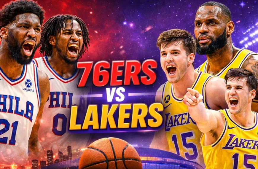 76ers vs Lakers game image showing Austin Reaves celebrating after a 35-point performance as the Lakers beat the 76ers 119–115 at Crypto.com Arena on Feb 5, 2026