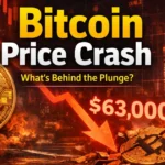 Bitcoin price crash in February 2026 showing dramatic drop to $63,000 with red downward arrows, -12.5% and -14.2% losses, fiery broken Bitcoin coins, and dark candlestick chart background