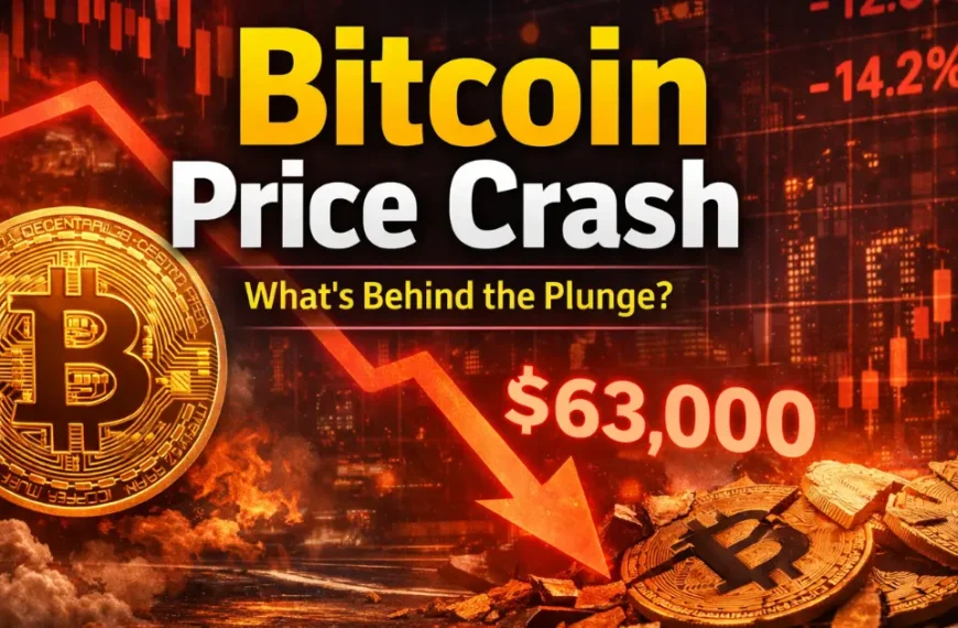 Bitcoin price crash in February 2026 showing dramatic drop to $63,000 with red downward arrows, -12.5% and -14.2% losses, fiery broken Bitcoin coins, and dark candlestick chart background