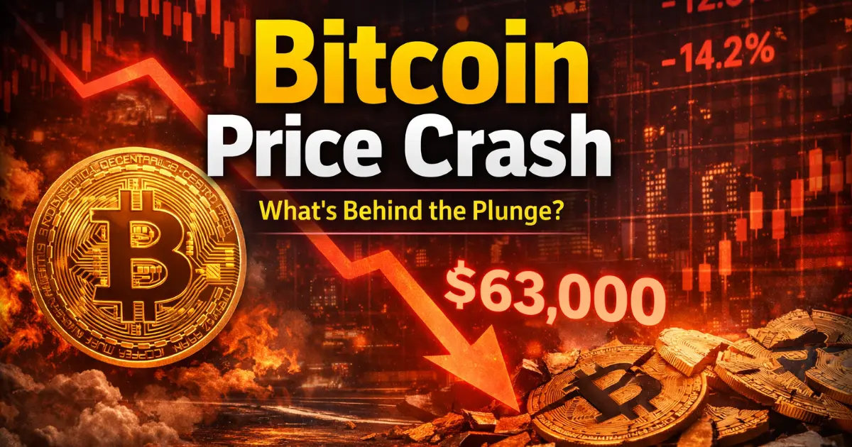 Bitcoin price crash in February 2026 showing dramatic drop to $63,000 with red downward arrows, -12.5% and -14.2% losses, fiery broken Bitcoin coins, and dark candlestick chart background