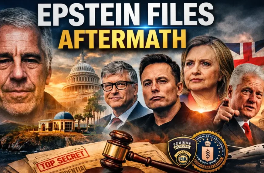 Epstein Files aftermath showing global political and business figures amid investigation documents and power networks