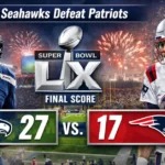 Super Bowl 2026 score graphic showing Seattle Seahawks defeating New England Patriots 27-17 in Super Bowl LX at Levi’s Stadium
