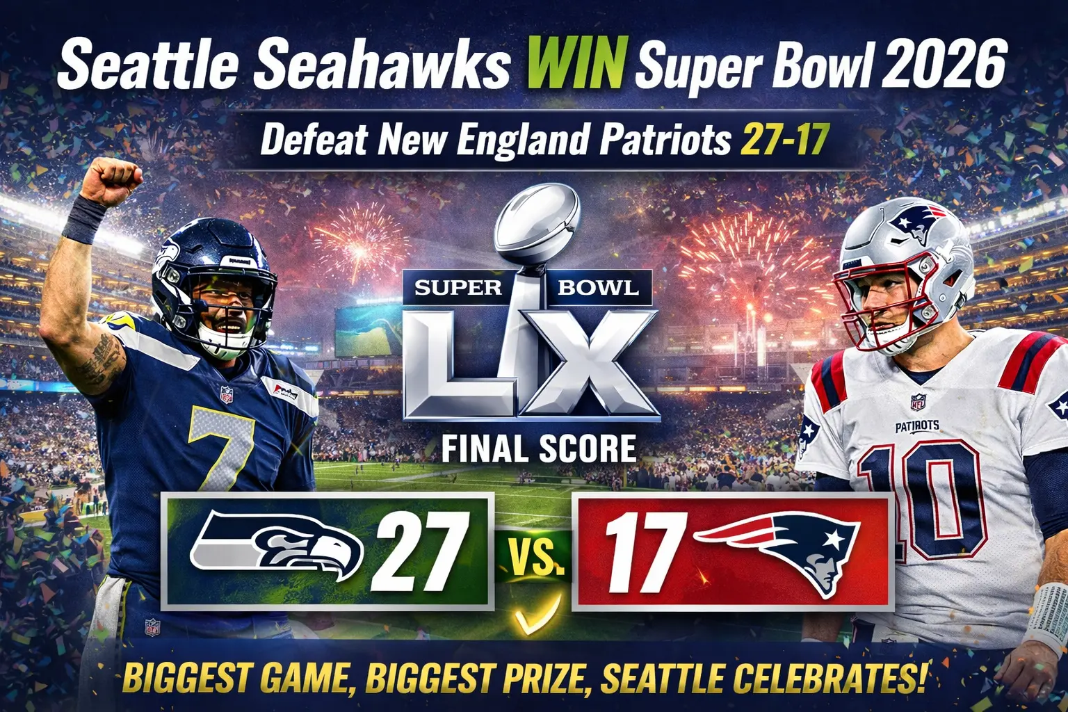 Seattle Seahawks win Super Bowl 2026 against New England Patriots with final score 27-17 in Super Bowl LX