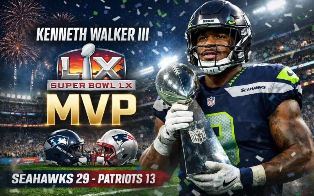 Kenneth Walker III holding the Vince Lombardi Trophy after being named Super Bowl LX MVP for the Seattle Seahawks
