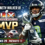 Kenneth Walker III holding the Vince Lombardi Trophy after being named Super Bowl LX MVP for the Seattle Seahawks
