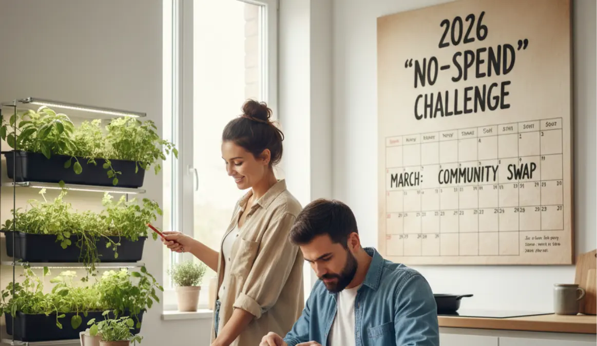 A minimalist kitchen representing the No-Spend Lifestyle, with home-grown herbs and a no-spend calendar showing intentional living in 2026