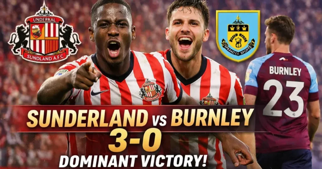 Sunderland players celebrate a 3-0 victory against Burnley at the Stadium of Light in a dominant league performance