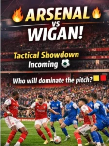 Arsenal players in red and Wigan players in blue face off on the pitch at Emirates Stadium. Bold text reads “🔥 Arsenal vs Wigan! 🔥 Tactical Showdown Incoming ⚽️ Who will dominate the pitch?”