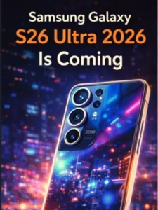 Samsung Galaxy S26 Ultra 2026 smartphone with futuristic neon background highlighting premium quad camera and Galaxy AI innovation.