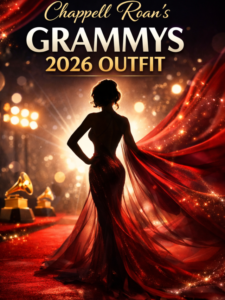 Silhouette of a glamorous figure representing Chappell Roan on the 2026 Grammys red carpet, with flowing maroon gown, sparkling lights, and subtle Grammy trophies in the background.