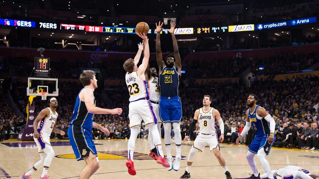 76ers vs Lakers game image showing Austin Reaves celebrating after scoring 35 points as the Lakers defeated the 76ers 119–115 at Crypto.com Arena on February 5, 2026