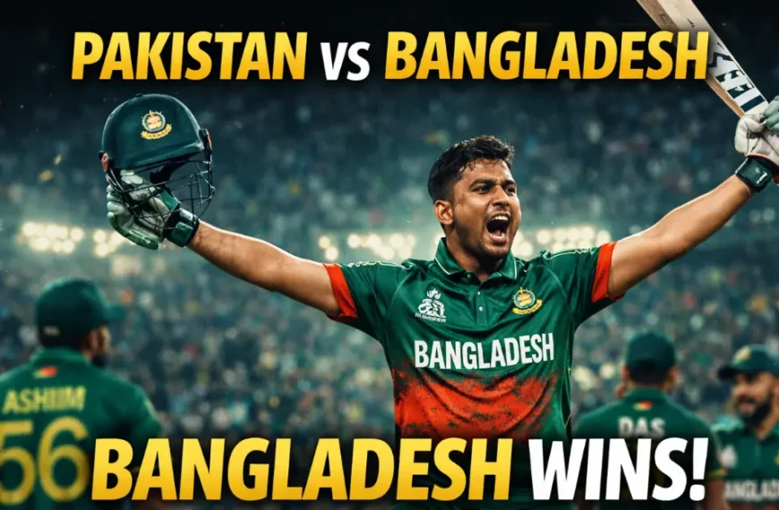 Pakistan vs Bangladesh cricket match where Tanzid Hasan celebrates Bangladesh victory
