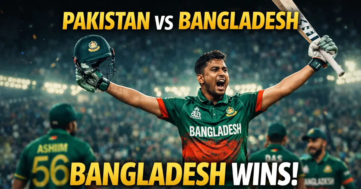 Pakistan vs Bangladesh cricket match where Tanzid Hasan celebrates Bangladesh victory