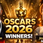 “Oscars 2026 winners Michael B. Jordan and Jessie Buckley holding golden trophies, with One Battle After Another movie highlights and red carpet celebration in background”