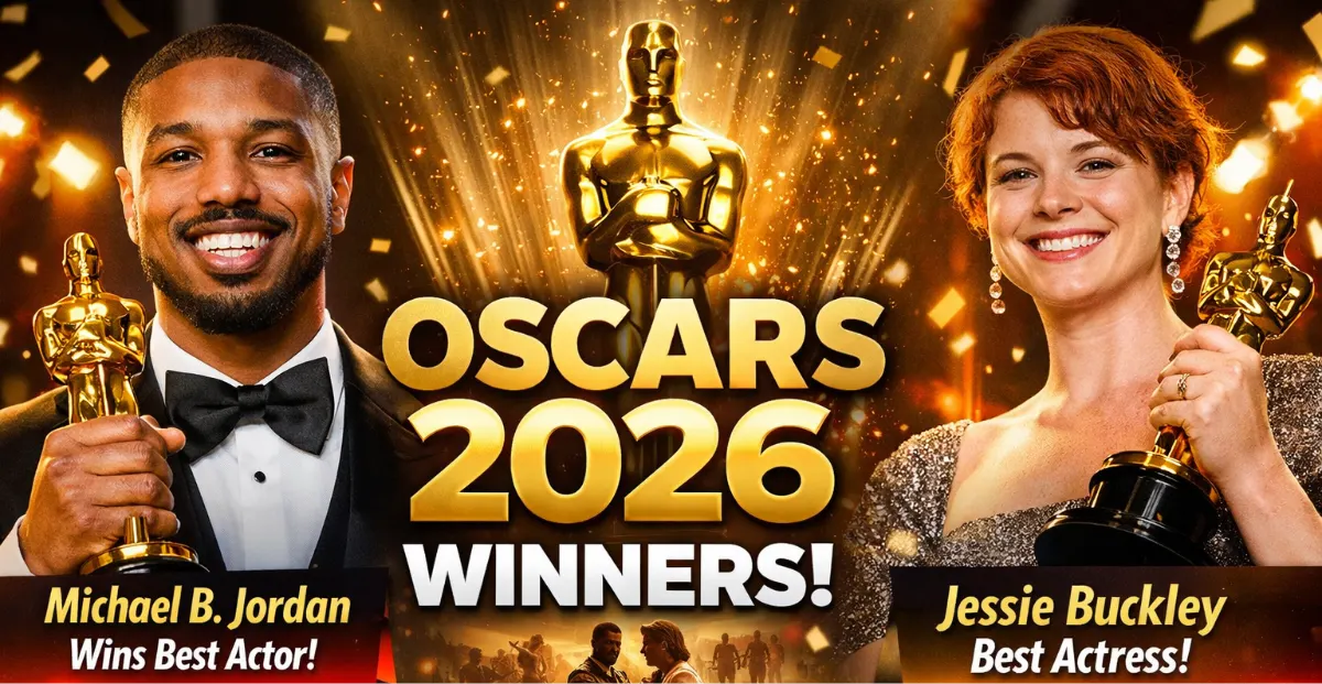 “Oscars 2026 winners Michael B. Jordan and Jessie Buckley holding golden trophies, with One Battle After Another movie highlights and red carpet celebration in background”