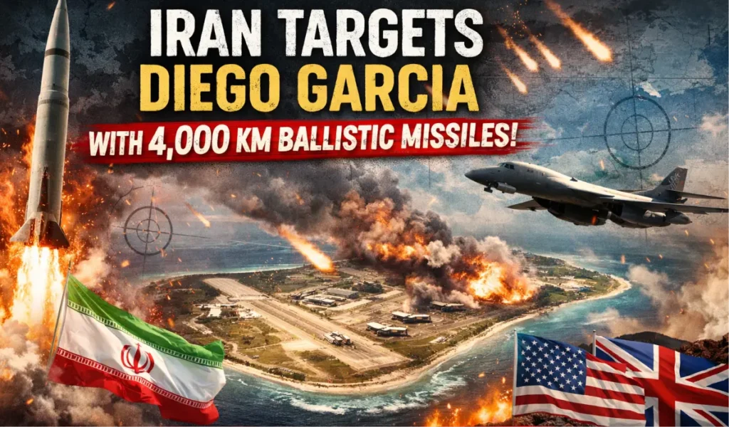 Iran Diego Garcia missile strike showing ballistic missiles targeting US-UK military base in Indian Ocean
