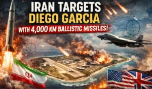 Iran Diego Garcia missile strike showing ballistic missiles targeting US-UK military base in Indian Ocean