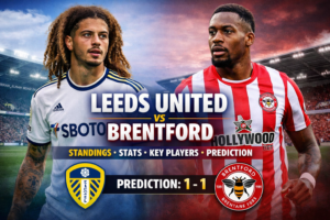 Leeds United vs Brentford match poster featuring players in team kits with prediction score 1-1 and stadium background
