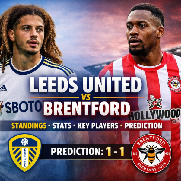 Leeds United vs Brentford match poster featuring players in team kits with prediction score 1-1 and stadium background