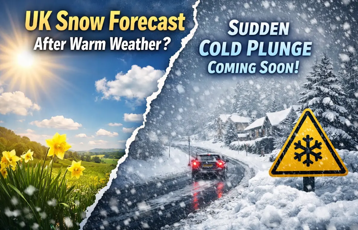 UK weather change showing warm sunny conditions turning into snowfall after sudden cold plunge