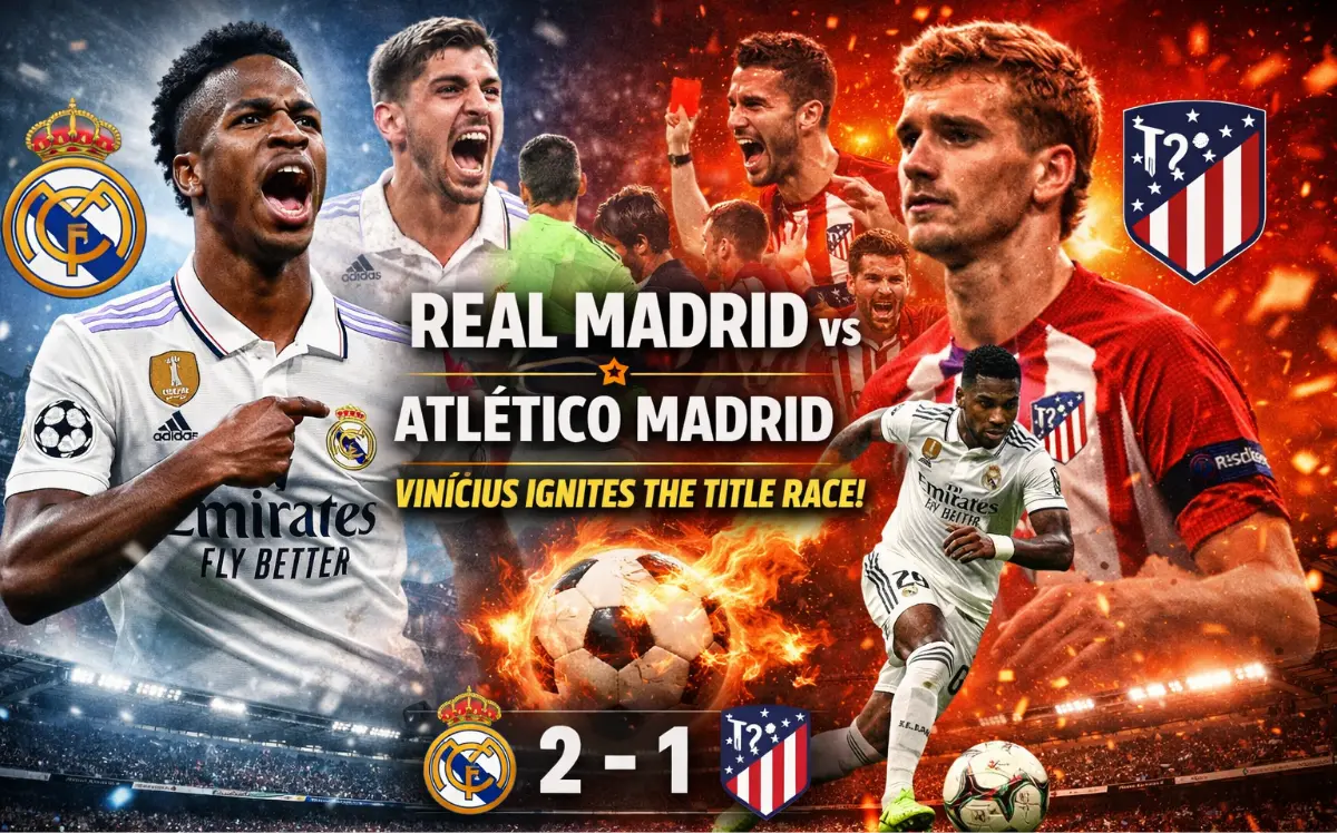 Real Madrid vs Atlético Madrid derby featuring Vinicius Jr celebrating decisive goal in intense La Liga match