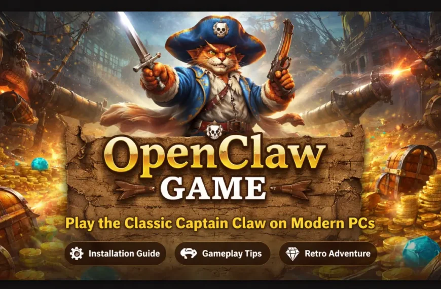 OpenClaw game banner featuring Captain Claw pirate cat character with treasure and ships, representing the classic retro platform game playable on modern PCs