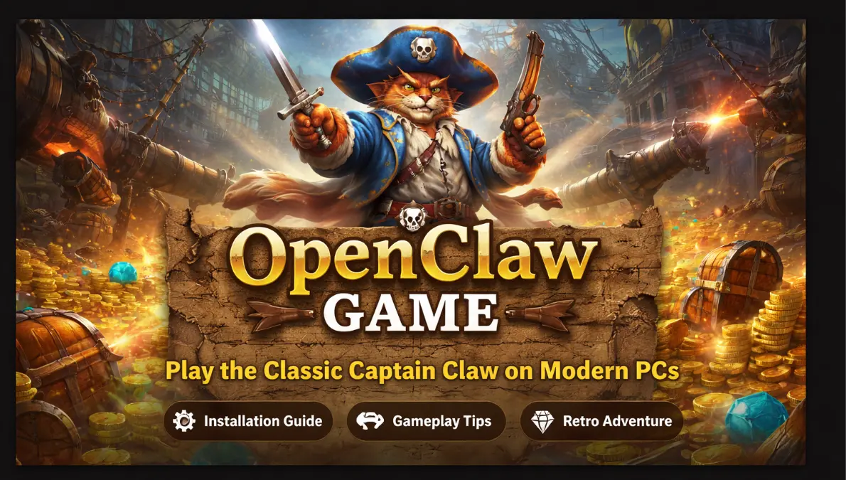 OpenClaw game banner featuring Captain Claw pirate cat character with treasure and ships, representing the classic retro platform game playable on modern PCs