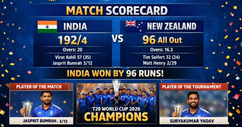 India National Cricket Team vs New Zealand National Cricket Team match scorecard T20 World Cup 2026 Final India won by 96 runs