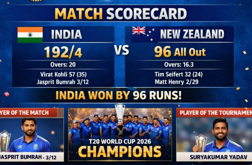 India National Cricket Team vs New Zealand National Cricket Team match scorecard T20 World Cup 2026 Final India won by 96 runs