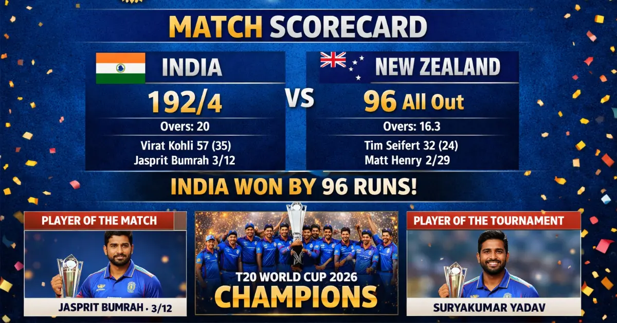 India National Cricket Team vs New Zealand National Cricket Team match scorecard T20 World Cup 2026 Final India won by 96 runs