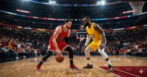 Chicago Bulls vs Lakers NBA game preview basketball players facing off under arena lights