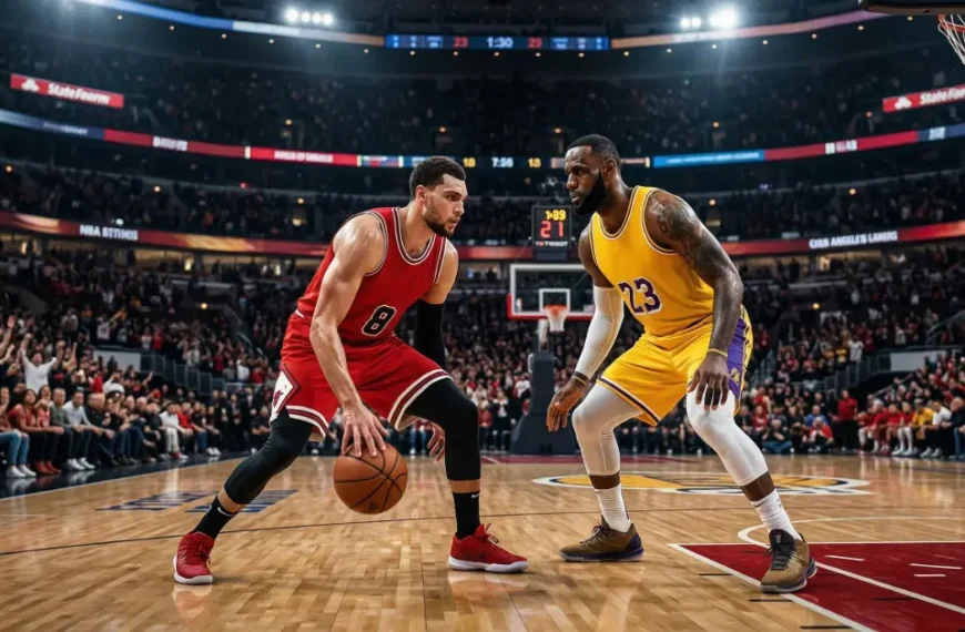 Chicago Bulls vs Lakers NBA game preview basketball players facing off under arena lights