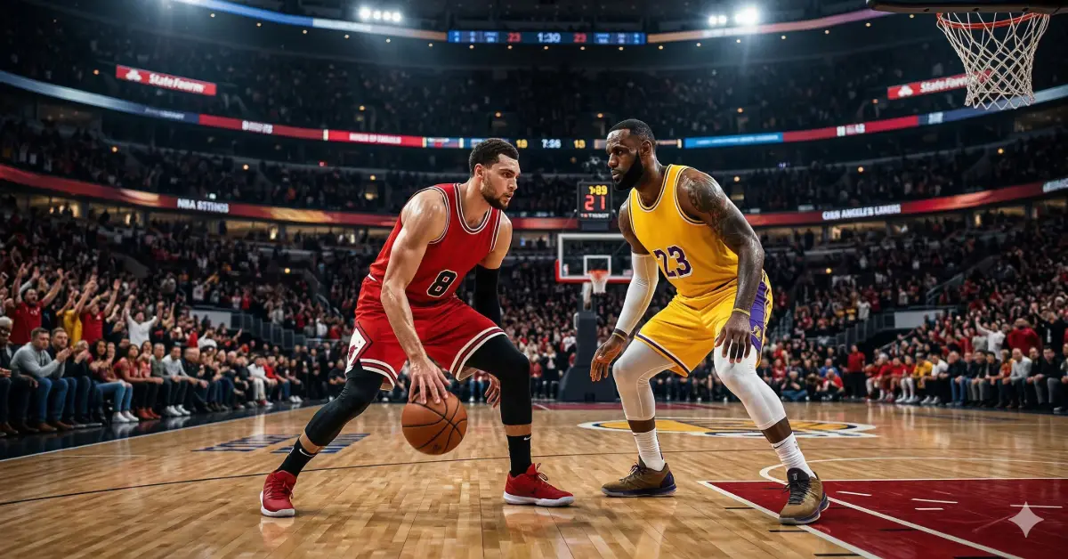 Chicago Bulls vs Lakers NBA game preview basketball players facing off under arena lights