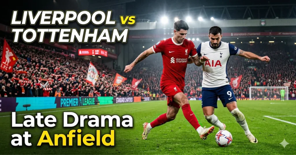 Liverpool vs Tottenham match analysis graphic showing players from Liverpool and Spurs during a dramatic Premier League clash