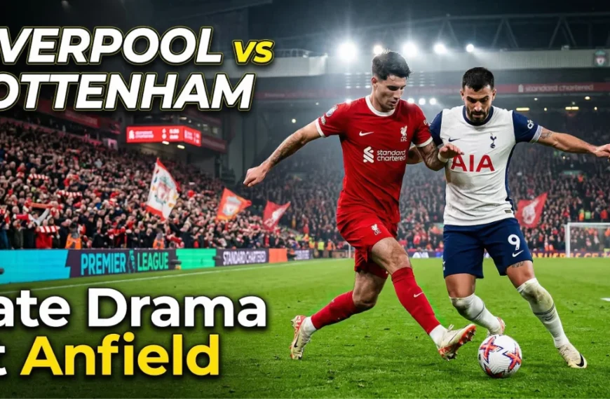 Liverpool vs Tottenham match analysis graphic showing players from Liverpool and Spurs during a dramatic Premier League clash