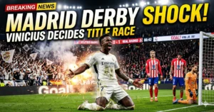 Real Madrid vs Atlético Madrid derby image showing Vinicius Jr celebrating goal while Atletico Madrid players react during intense La Liga match