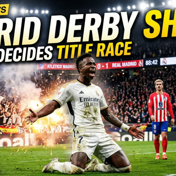 Real Madrid vs Atlético Madrid derby image showing Vinicius Jr celebrating goal while Atletico Madrid players react during intense La Liga match