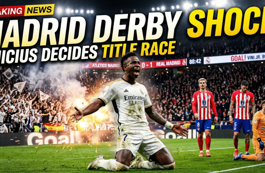 Real Madrid vs Atlético Madrid derby image showing Vinicius Jr celebrating goal while Atletico Madrid players react during intense La Liga match