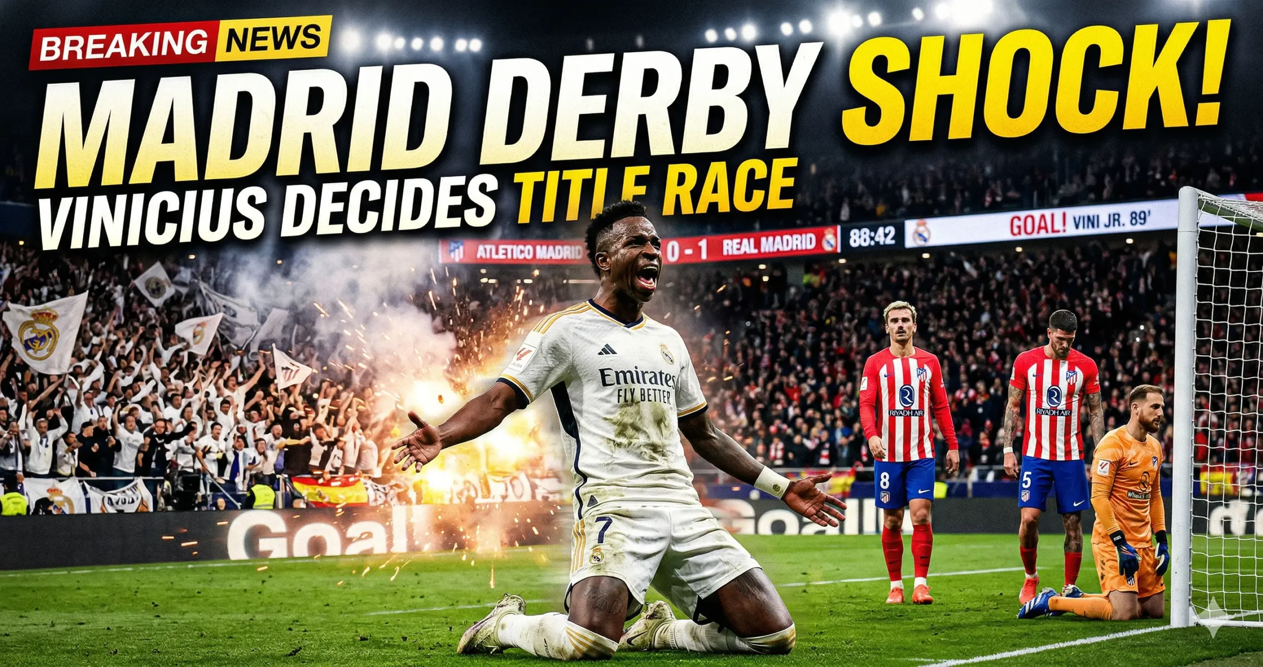 Real Madrid vs Atlético Madrid derby image showing Vinicius Jr celebrating goal while Atletico Madrid players react during intense La Liga match