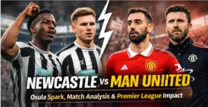 Newcastle vs Man United Premier League match graphic showing William Osula and Manchester United players with match result and analysis