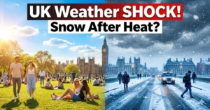 UK snow forecast after warm weather showing split scene of sunny spring turning into heavy snowfall and cold weather conditions