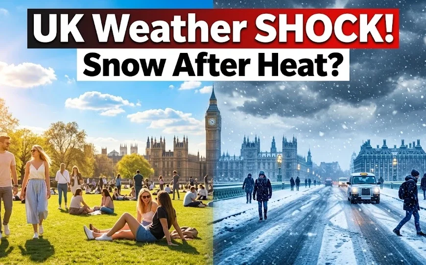 UK snow forecast after warm weather showing split scene of sunny spring turning into heavy snowfall and cold weather conditions