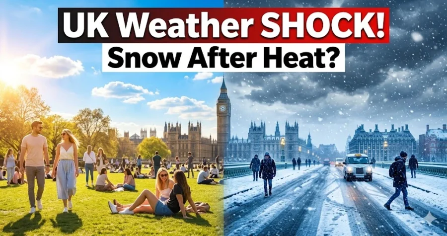 UK snow forecast after warm weather showing split scene of sunny spring turning into heavy snowfall and cold weather conditions