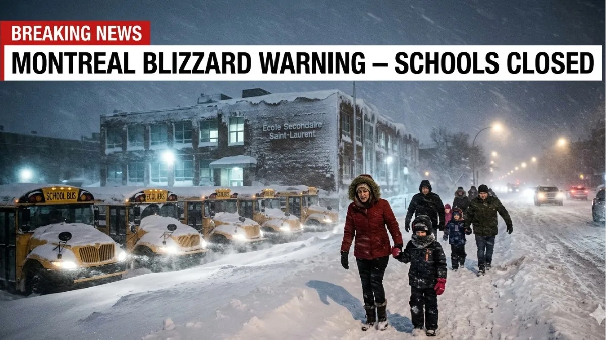 TVA Nouvelles blizzard warning Montreal causing EMSB school closure and dangerous road conditions
