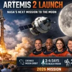 Artemis 2 rocket launch by NASA with Orion spacecraft and astronauts crew heading to Moon mission 2026