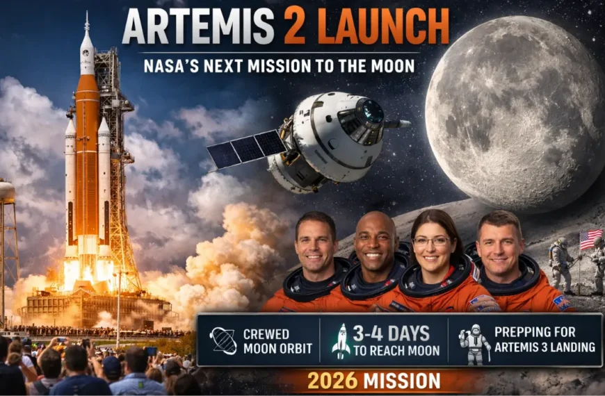 Artemis 2 rocket launch by NASA with Orion spacecraft and astronauts crew heading to Moon mission 2026