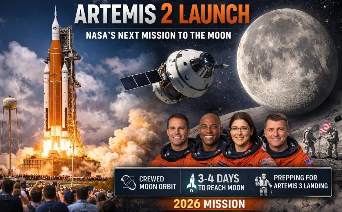 Artemis 2 rocket launch by NASA with Orion spacecraft and astronauts crew heading to Moon mission 2026
