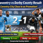 Coventry City vs Derby County result graphic showing 2-1 score as Coventry moves closer to Championship promotion with key players celebrating