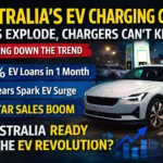 Australia EV charging crisis graphic showing electric car at charging station with headlines about EV sales surge, charging shortages, and infrastructure challenges